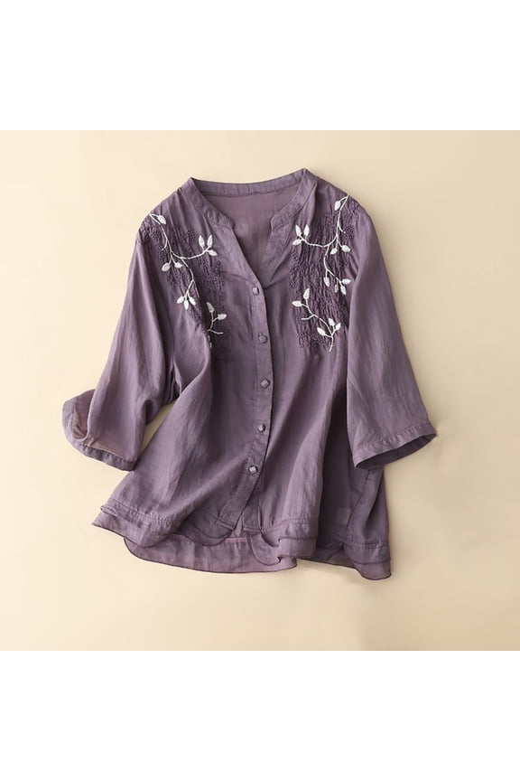 Button Down Tops for Women Cotton Linen Vintage Embroidery T Shirts Casual 3/4 Sleeve Shirts Fashion Side Split Tees