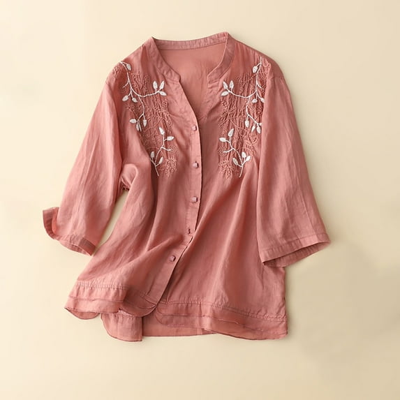 Frostluinai Button Down Tops for Women Cotton Linen Vintage Embroidery T Shirts Casual 3/4 Sleeve Shirts Fashion Side Split Tees