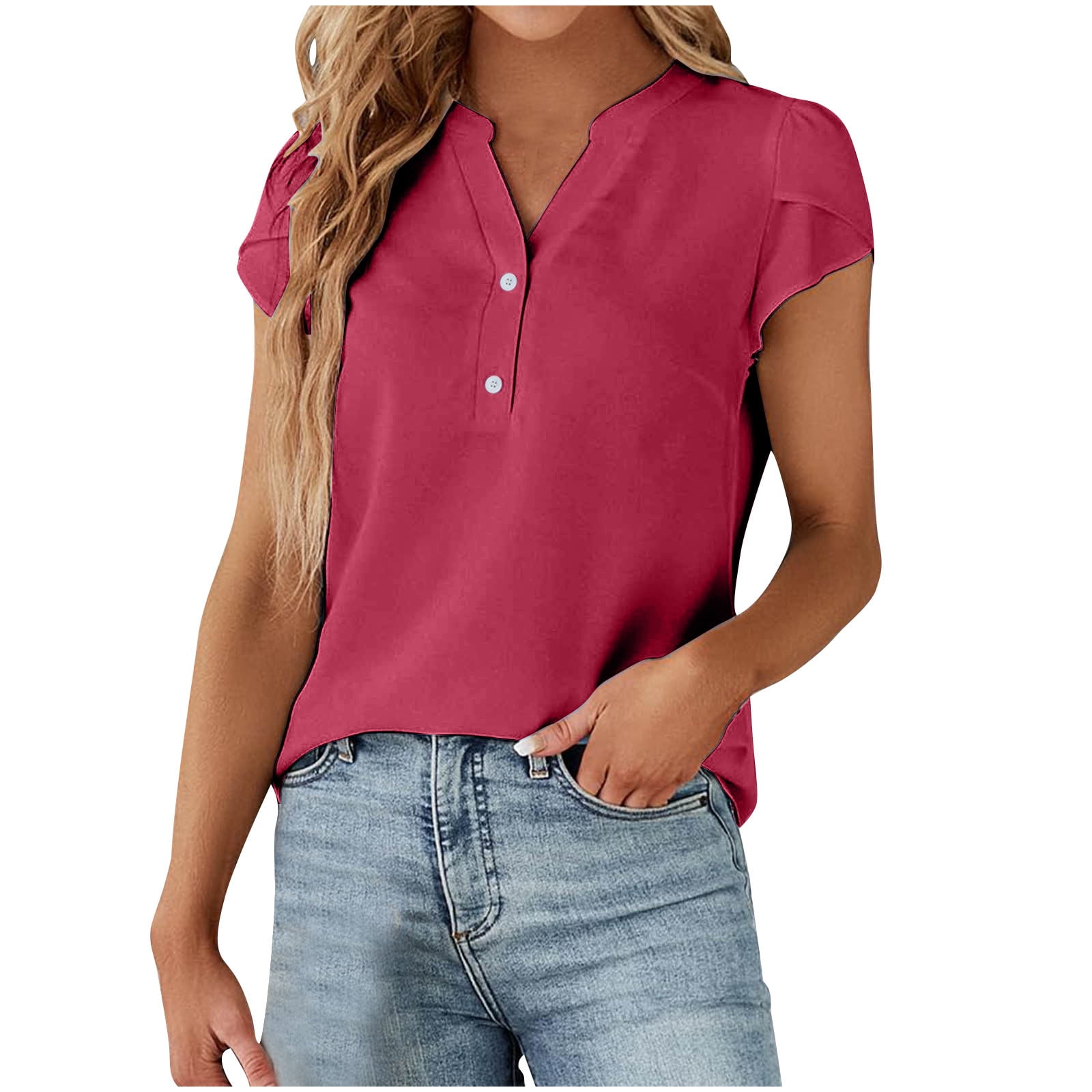 Women's Henley Long Sleeve Shirt - Button Front, Loose Fit Tunic, Polyester, Casual Blouse