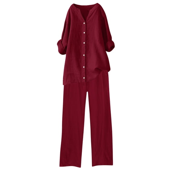 Frostluinai Button Up Pajamas for Women Plus Size Loungewear 2 Piece Long Sleeve Shirts High Waist Pants Solid Cotton Linen Sets with Pocket