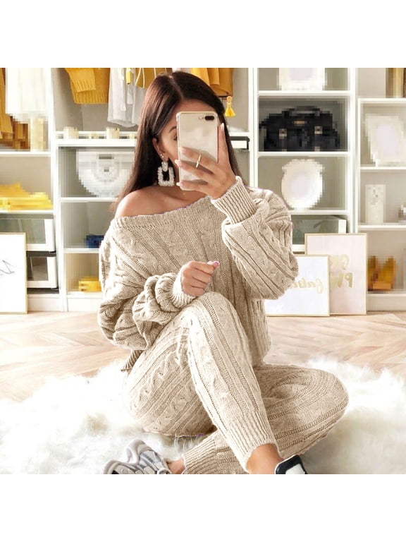 Cable Knit Sets Two Piece Women Off Shouler Long Sleeve Pullover Slim Fit Knit Pants Plus Size Solid Loungewear Sets Womens Sweaters