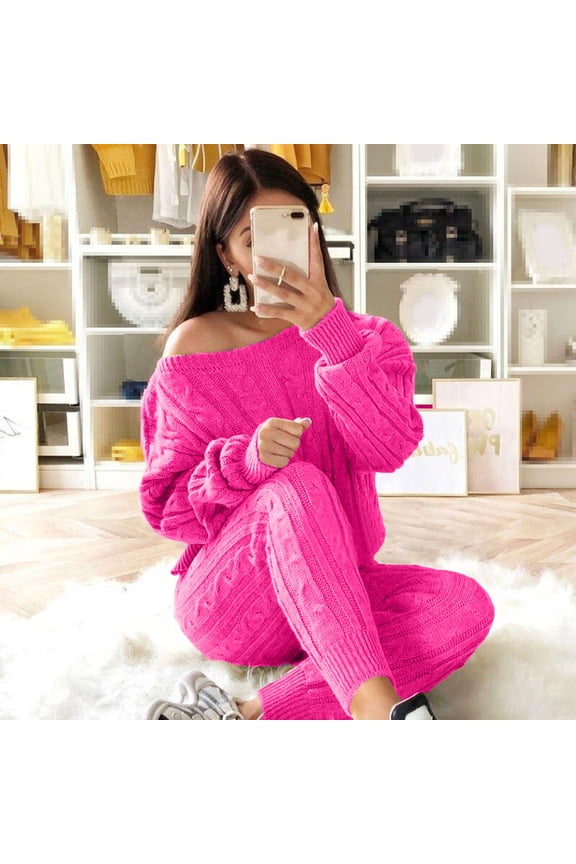 Cable Knit Sets Two Piece Women Off Shouler Long Sleeve Pullover Slim Fit Knit Pants Plus Size Solid Loungewear Sets Womens Sweaters