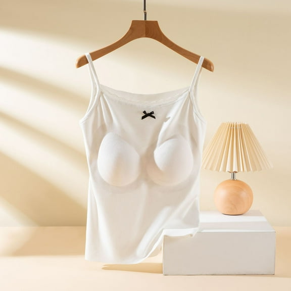 Frostluinai Camisole Tops for Women Built in Bras Lace Crew Neck Spaghetti Strap Camis Solid Color Soft Camis Comzy Summer Camisoles