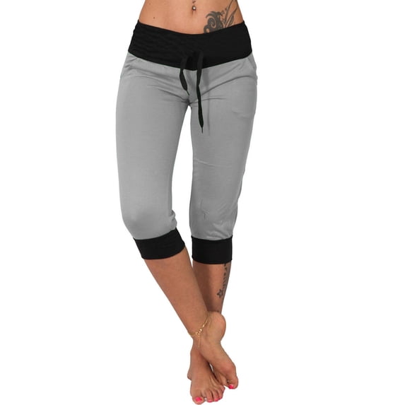 Frostluinai Capri Leggings for Women Mid Waisted Drawstring Soft Workout Capris with Pockets Plus Size Color Block Sweatpants