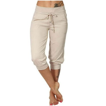 Frostluinai Capri Leggings with Pockets for Women Drawstring High Wisted Casual Pants Slim Fit Solid Color Leggings Comfy Workout Capris