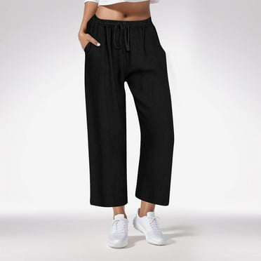 Frostluinai Capri Pants for Women Drawstring Elastic Waisted Wide Leg Casual Capris Plus Size Solid Color Straight Leg Pants Loose Fit Legging with Pockets