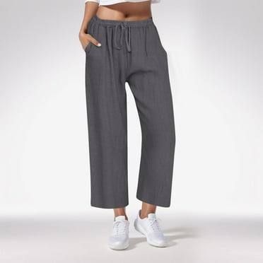 Frostluinai Capri Pants for Women Drawstring Elastic Waisted Wide Leg Casual Capris Plus Size Solid Color Straight Leg Pants Loose Fit Legging with Pockets