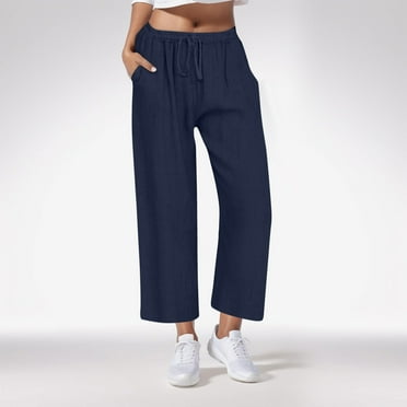 Frostluinai Capri Pants for Women Drawstring Elastic Waisted Wide Leg Casual Capris Plus Size Solid Color Straight Leg Pants Loose Fit Legging with Pockets