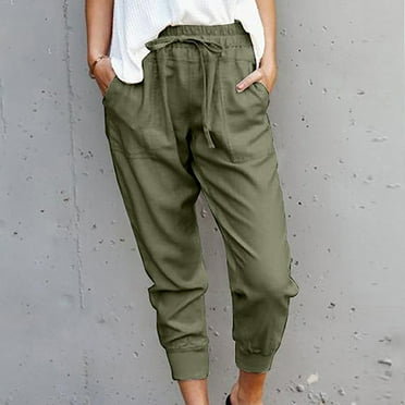 Frostluinai Capri Pants for Women Drawstring Stratch Waisted Casual Capris Solid Color Loose Fit Cropped Pants Lightweight Going Out Leggings with Pockets