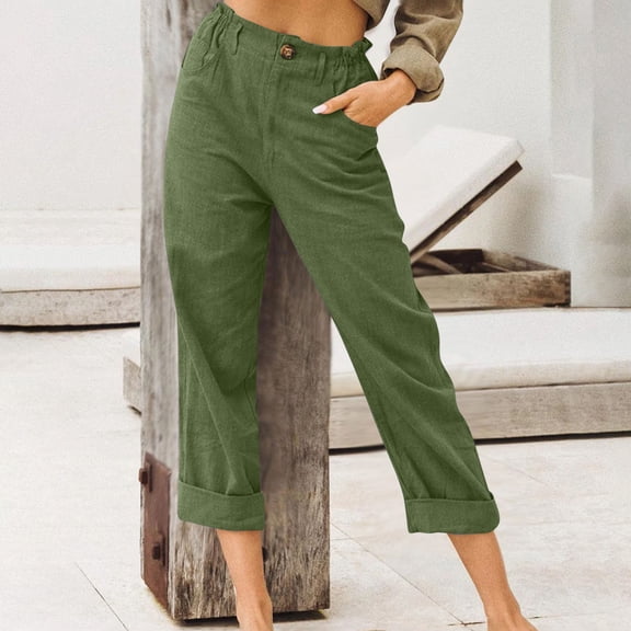 Frostluinai Capri Pants for Women Wide Leg Button Elastic Waisted Lounge Capris Solid Color Soft Straight Leg Cropped Pants with Pockets