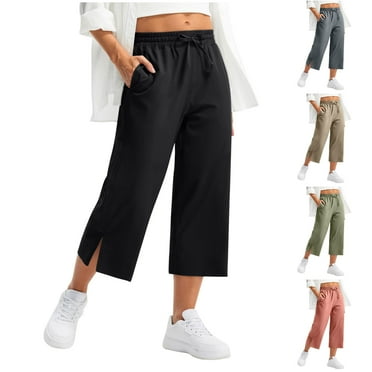 Frostluinai Capris for Women Casual Summer Clearance Elastic Waist Drawstring Joggers Baggy Wide Leg Capri Pants Solid Split Hem Capris with Pocket