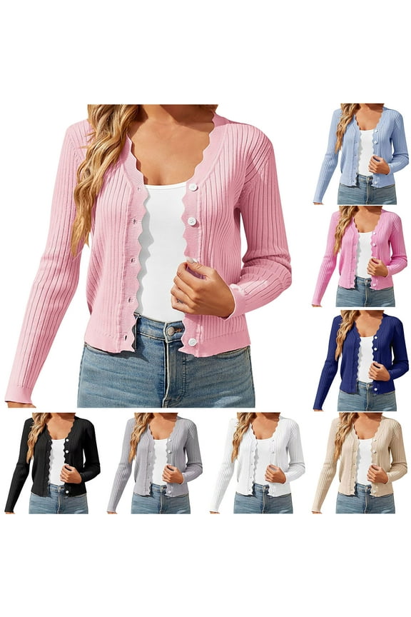 Cardigan Sweaters for Women Long Sleeve Button V Neck Knit Cardigans Solid Scallop Trim Cropped Jackets Lightweight Sweaters