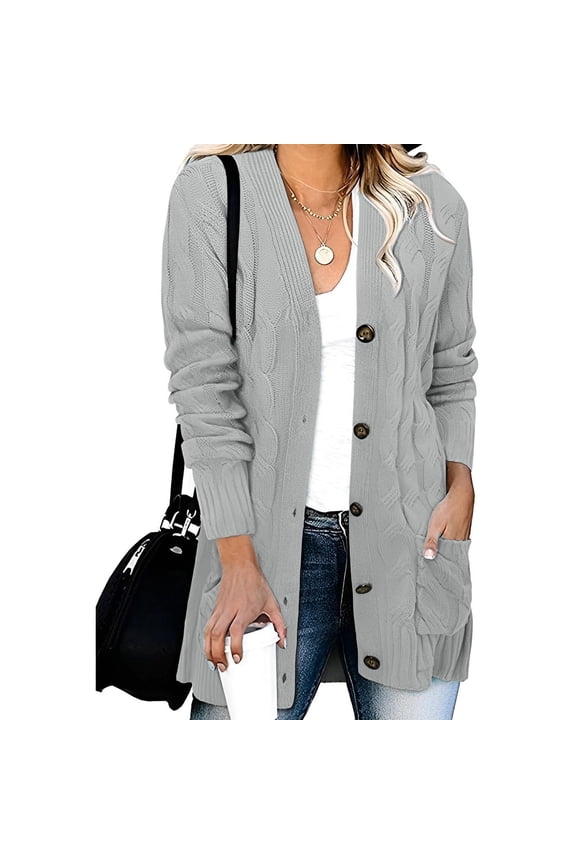 Cardigan Sweaters for Women V Neck Button Down Chunky Cardigans Long Sleeve Cable Knit Cardigans Fall Solid Cardigans with Pocket