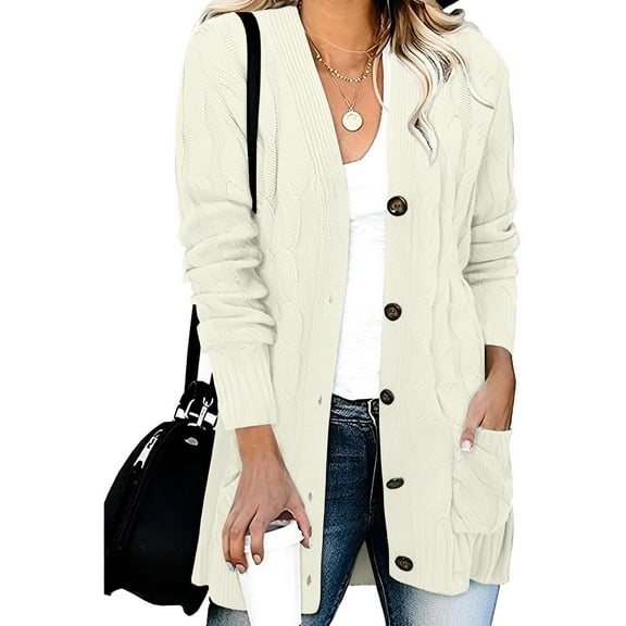 Frostluinai Cardigan Sweaters for Women V Neck Button Down Chunky Cardigans Long Sleeve Cable Knit Cardigans Fall Solid Cardigans with Pocket