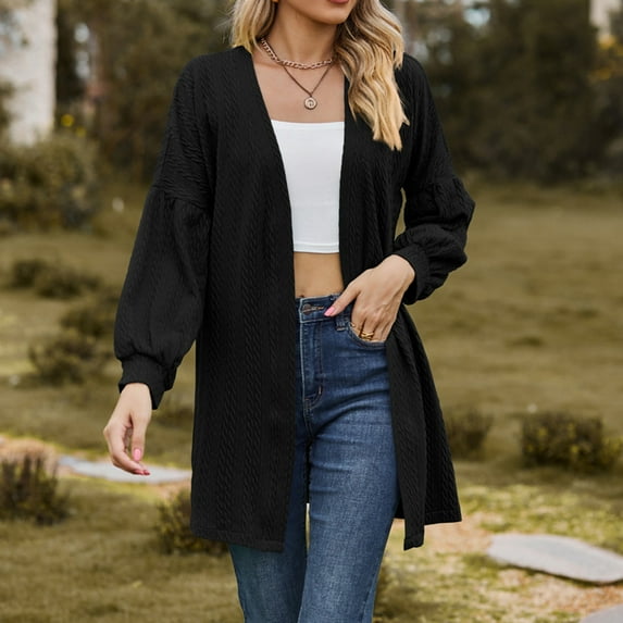 Frostluinai Cardigan for Women Jacquard Open Front Lightweight Cardigan Long Sleeve Lounge Jacket Solid Color Fall Knit Midi Jackets