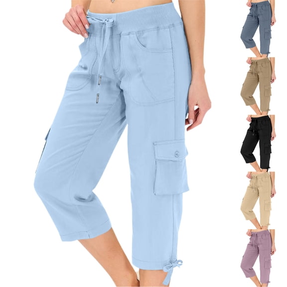 Frostluinai Cargo Capri Pants for Women Drawstring Waist Hiking Pants Solid Baggy Tie Bottom Jogger Capris with Pocket