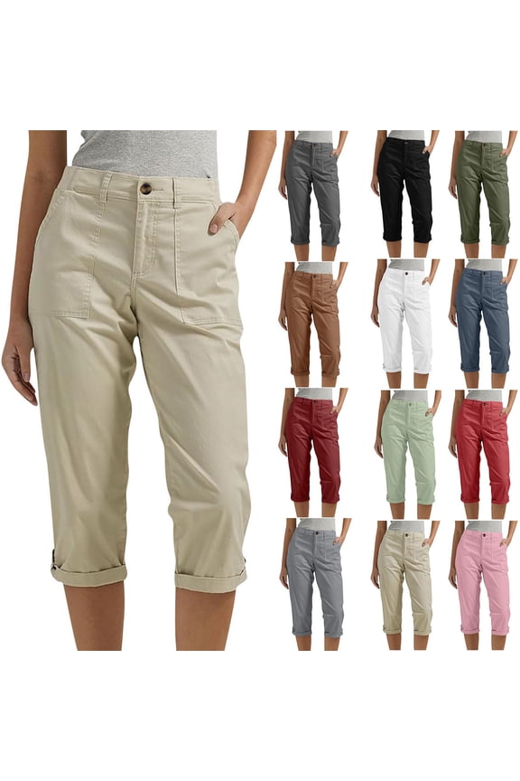 Cargo Capris for Women High Waist Pull On Capri Pants Solid Casual Rolled Capris Lightweight Hiking Fising Cropped Pants with Pocket