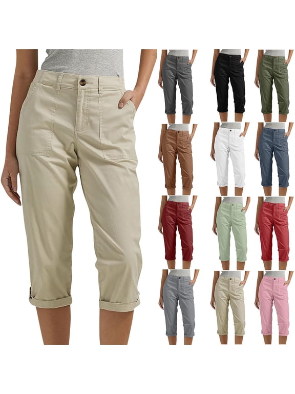 Cargo Capris for Women High Waist Pull On Capri Pants Solid Casual Rolled Capris Lightweight Hiking Fising Cropped Pants with Pocket