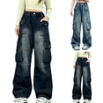 thumbnail image 1 of Frostluinai Cargo Jeans Girls Retro Wash Streetwear Denim Pants High Waist Ruched Knee Distressed Straight Wide Leg Jeans with Pocket, 1 of 10