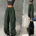 thumbnail image 1 of Frostluinai Cargo Pants for Women Baggy Parachute Pants Drawstring Elastic Waist Y2K Wide Leg Pants Solid Casual Workout Pants with Pockets, 1 of 7