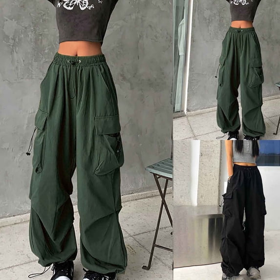 Frostluinai Cargo Pants for Women Baggy Parachute Pants Drawstring Elastic Waist Y2K Wide Leg Pants Solid Casual Workout Pants with Pockets