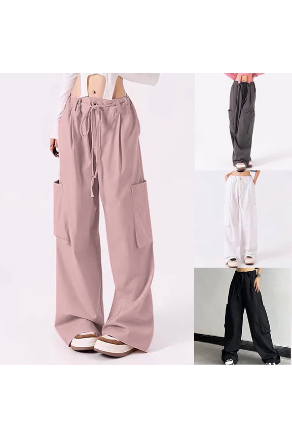 Cargo Pants for Women Baggy Parachute Pants Drawstring Elastic Waist Y2K Wide Leg Pants Solid Casual Workout Pants with Pockets