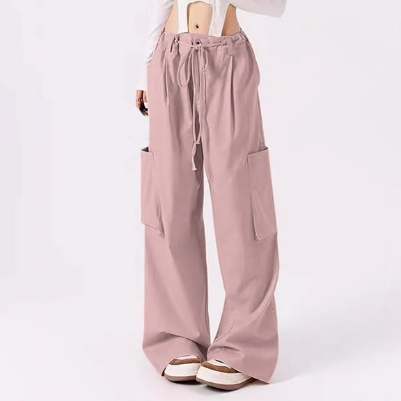Frostluinai Cargo Pants for Women Baggy Parachute Pants Drawstring Elastic Waist Y2K Wide Leg Pants Solid Casual Workout Pants with Pockets