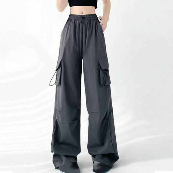 Frostluinai Cargo Pants for Women Elastic Waist Baggy Parachute Pants Solid Lounge Wide Leg Pants Lightweight Y2K Trendy Pants with Pockets