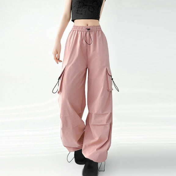 Frostluinai Cargo Pants for Women Elastic Waist Baggy Parachute Pants Solid Lounge Wide Leg Pants Lightweight Y2K Trendy Pants with Pockets
