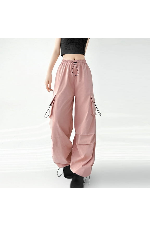 Cargo Pants for Women Elastic Waist Baggy Parachute Pants Solid Lounge Wide Leg Pants Lightweight Y2K Trendy Pants with Pockets