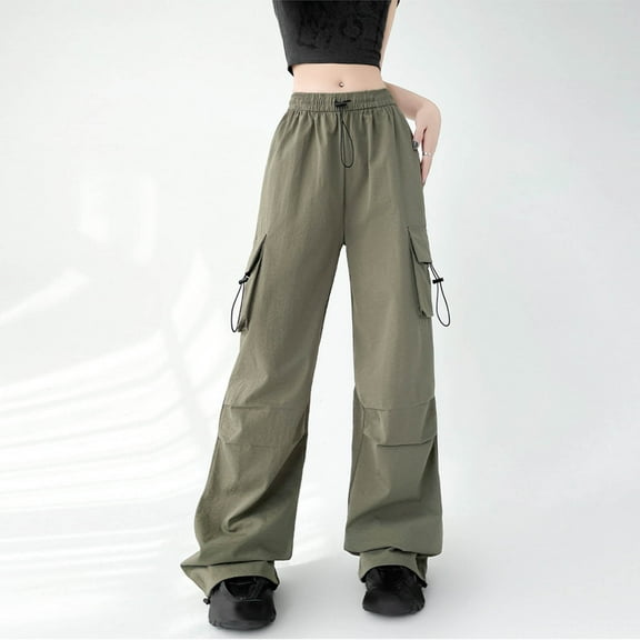 Frostluinai Cargo Pants for Women Elastic Waist Baggy Parachute Pants Solid Lounge Wide Leg Pants Lightweight Y2K Trendy Pants with Pockets
