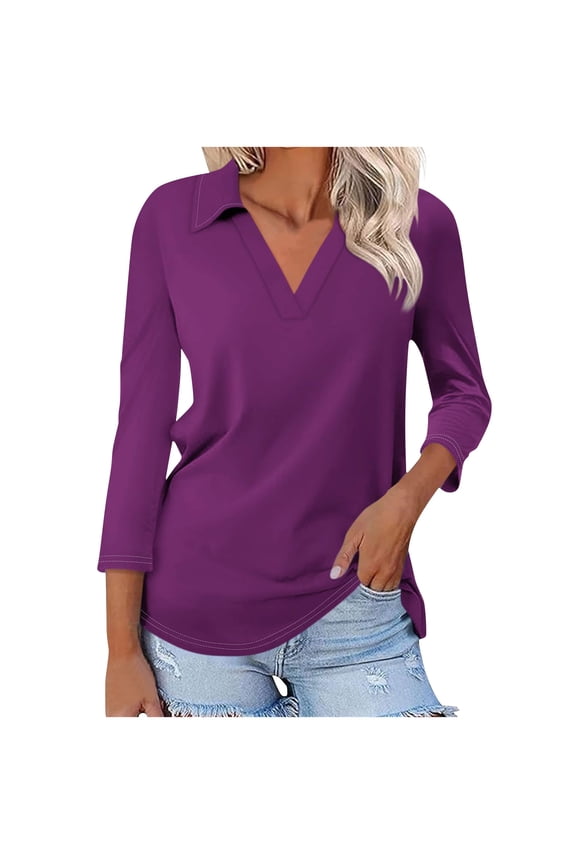 Casual Dressy Shirts for Women 3/4 Sleeve Solid Tops V Neck Collar T Shirts Loose Fit Tunic Tops Light Weight Going Out Tees