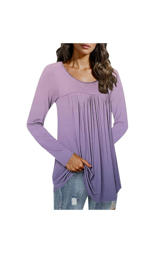 Casual Dressy Tops for Women Long Sleeve Gradient T Shirts Crew Neck Pleated Tunic Shirts Comzy Work Blouses Gifts for Women