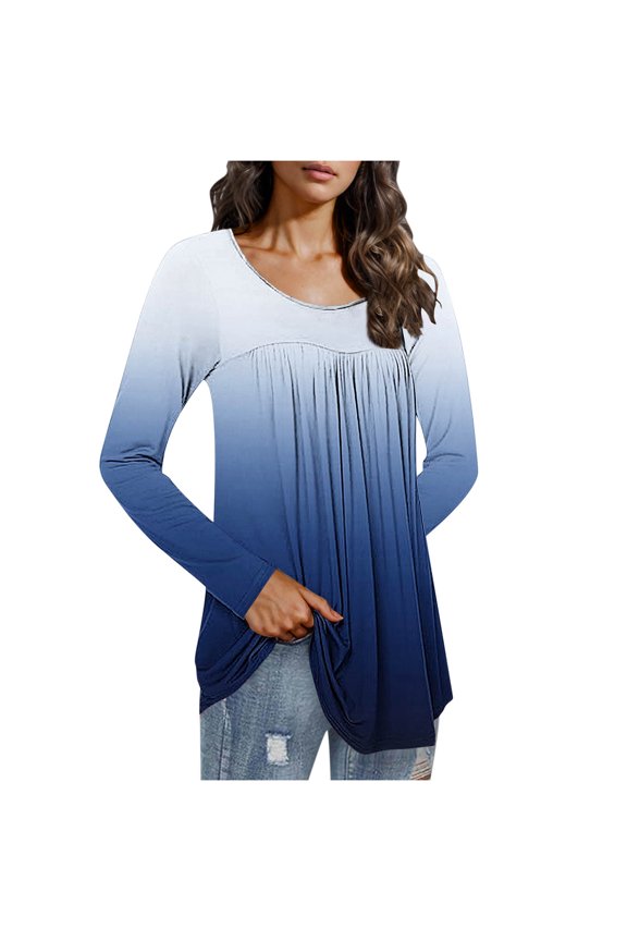 Casual Dressy Tops for Women Long Sleeve Gradient T Shirts Crew Neck Pleated Tunic Shirts Comzy Work Blouses Gifts for Women