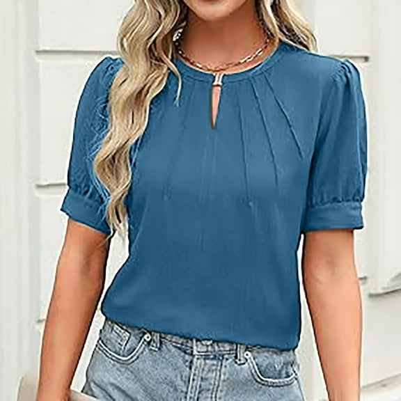 Frostluinai Casual Dressy Tops for Women Puff Sleeve Tunic Shirts Keyhole Neck Cut Tshirts Elegant Pleated Blouses Solid Work Tee Shirts