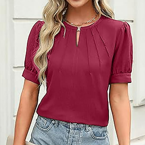 Frostluinai Casual Dressy Tops for Women Puff Sleeve Tunic Shirts Keyhole Neck Cut Tshirts Elegant Pleated Blouses Solid Work Tee Shirts