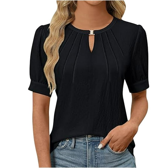 Frostluinai Casual Dressy Tops for Women Puff Sleeve Tunic Shirts Keyhole Neck Cut Tshirts Elegant Pleated Blouses Solid Work Tee Shirts