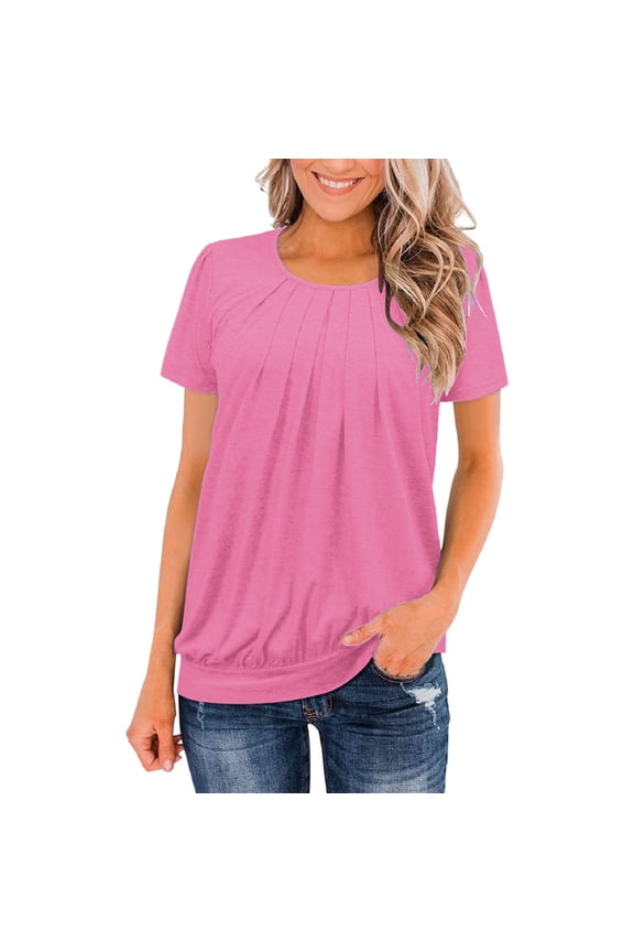 Casual Tops for Women Short Sleeve Crew Neck Pleated Blouson Shirts Solid Color Loose Fit Tshirts Lightweight Blouses