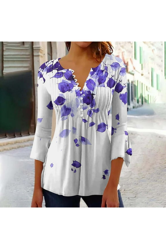 Casual Tunic Tops for Women 3/4 Bell Sleeve Pleated Henley Shirts Fashion Leaf Graphic T Shirts Summer Tops for Women Gifts