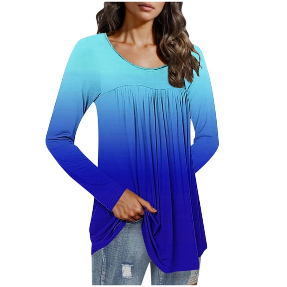 Frostluinai Casual Tunic Tops for Women Long Sleeve Dressy Shirts Round Neck Pleated T Shirts Trendy Gradient Blouses Soft Going Out Tees
