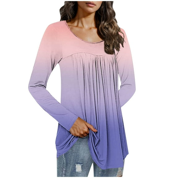 Frostluinai Casual Tunic Tops for Women Long Sleeve Dressy Shirts Round Neck Pleated T Shirts Trendy Gradient Blouses Soft Going Out Tees