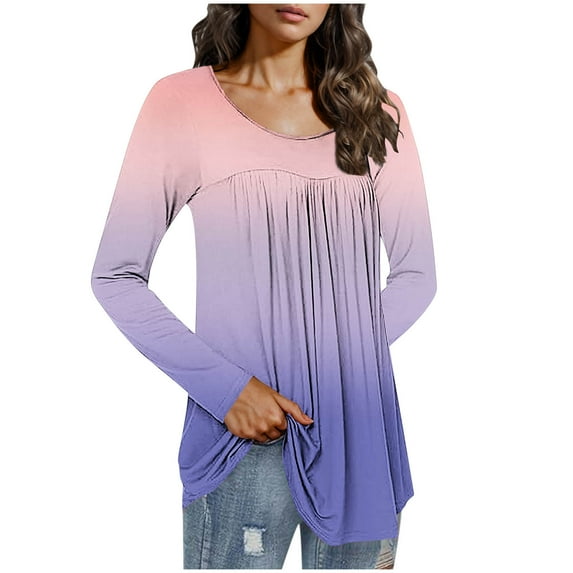 Frostluinai Casual Tunic Tops for Women Long Sleeve Dressy Shirts Round Neck Pleated T Shirts Trendy Gradient Blouses Soft Going Out Tees
