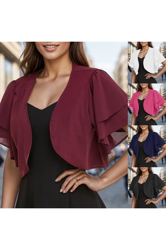 Chiffon Bolero Cardigan for Women Bolero Shrug Ruffle Short Sleeve Open Front Loose Sheer Jackets for Tops Solid Flowy Shrug