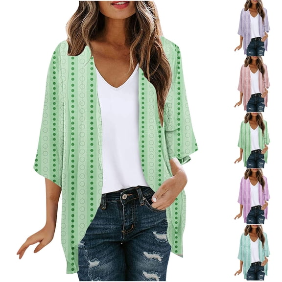 Frostluinai Chiffon Kimono Cardigan for Women 3/4 Sleeve Polka Dot Print Cardigans Open Front Lightweight Beach Cover Up Gifts for Women