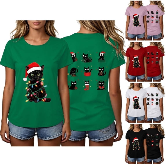 Frostluinai Christmas Cats Shirts for Women Crew Neck Short Sleeve Funny Xmas Party Tee Shirt Daily Walking Casual Tops S-3XL