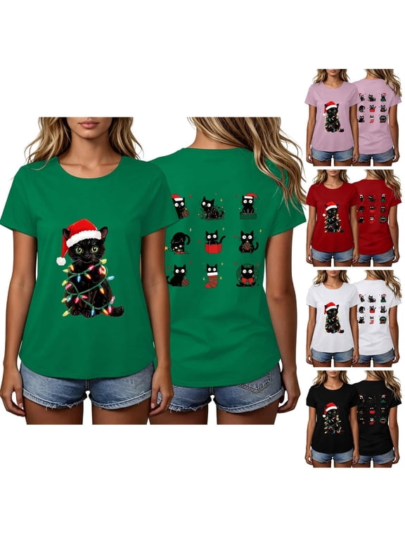 Christmas Cats Shirts for Women Crew Neck Short Sleeve Funny Xmas Party Tee Shirt Daily Walking Casual Tops S-3XL