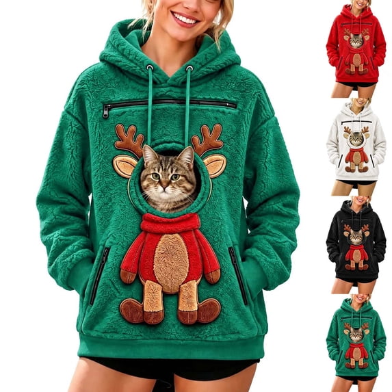 Frostluinai Christmas Hoodies for Women Fuzzy Fleece Pet Holding Pocket Hoodies Xmas Reindeer Print Cats Dogs Carrier Pouch Pullover S-XXL