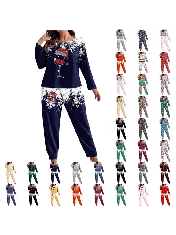 Christmas Pajams for Women Plus Size Red Wine Glass Graphic Sleepwear Ugly Xmas Party Loungewear 2 Piece Shirts and Bottoms