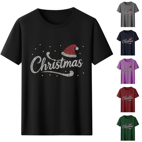 Frostluinai Christmas Rhinestone Tee Shirts Women Crew Neck Xmas Party Shirt Funny Letter Print Short Sleeve Tshirts S-XXL