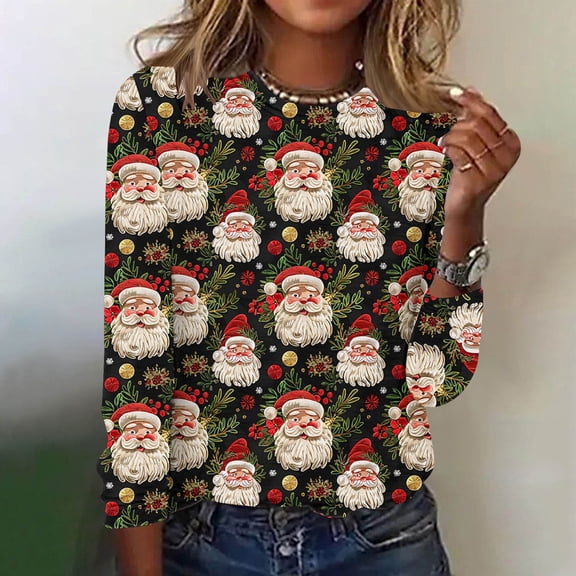Frostluinai Christmas Shirts for Women Long Sleeve Crwe Neck Xams Tops Funny Santa Graphic T Shirts Vintage Holiday Plus Size Pullover
